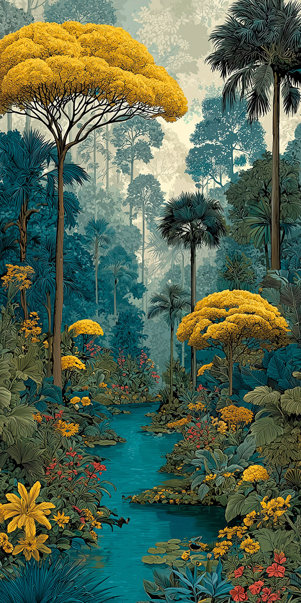 Tropical rainforest landscape in bright yellow and cyan tones, vibrant wall mural illustration
